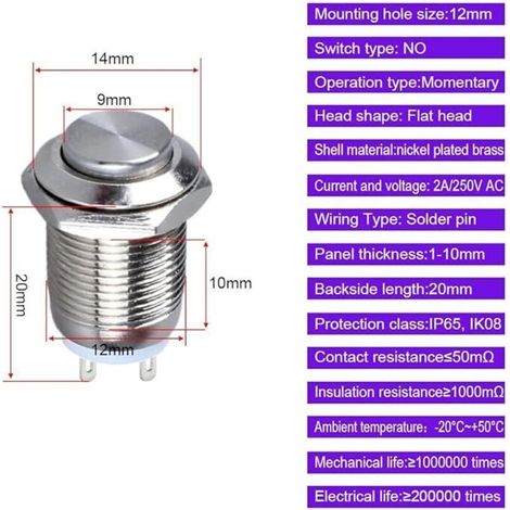 10 pezzi Pulsante momentaneo impermeabile in acciaio inox On/Off 12 mm 2 A 12 V/24 V/125 V/250 V (High Head) (1/4)