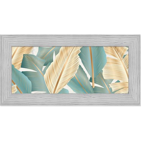Lupia - Quadro moderno, per soggiorno camera da letto, con cornice BOSTON colore GREY, 28x57 cm, LUXURY LEAVES stampa su pannello in legno, stile naturale tropicale (1/4)