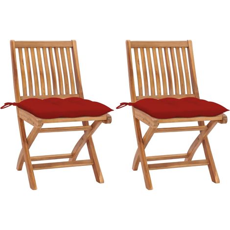 Chaises de jardin 2 pcs avec coussins rouge Bois de teck massif 2 (1/5)