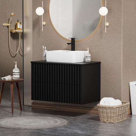 UEV Mobiletto Bagno 80CM con Lavabo in Ceramica, Mobile Bagno Sospeso Combina Eleganza e Funzionalità, Lavandino con Mobiletto da Parete, Nero