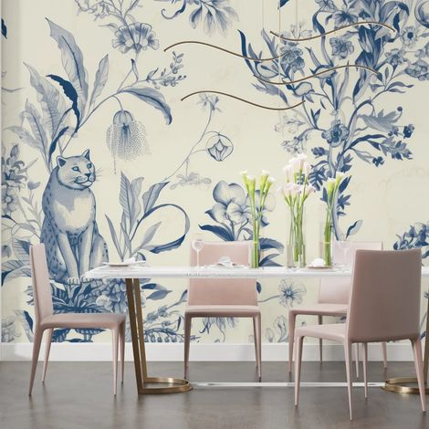 Papier Peint Animaux – Chat et Fleurs Indigo - 150 x 250 cm (1/2)