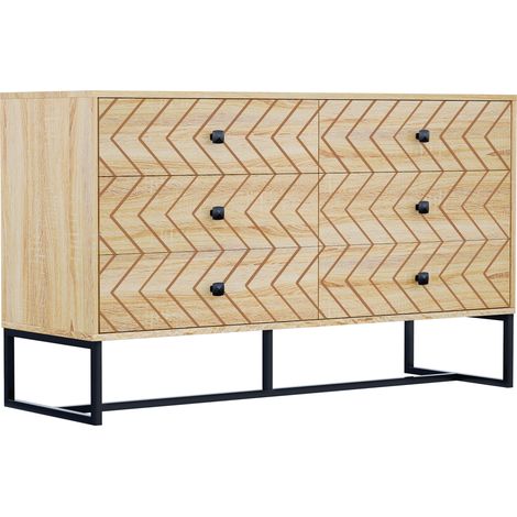 Modern 6 Drawer Chest of Drawers for Bedroom,Zigzag Design Dresser Storage Unit with Metal Base,120x71cm,Natural Finish