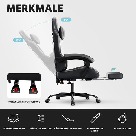 Fauteuil de bureau ergonomique noir et gris, soutien lombaire intégré, assise en cuir PU respirant, dossier et hauteur réglables, charge max 200 kg, chaise gaming confortable