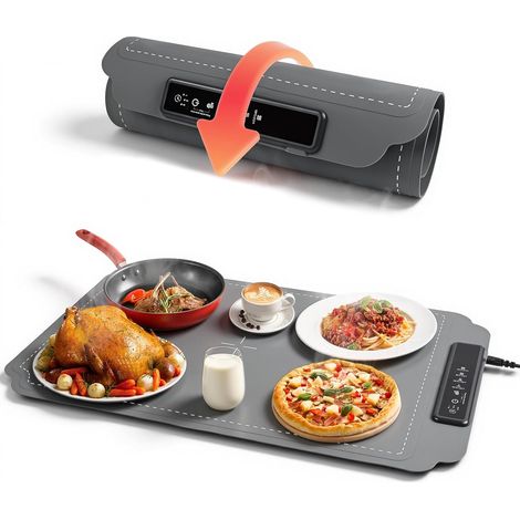 Scaldavivande elettrico, piastra riscaldante portatile in silicone, scaldavivande pieghevole con 4 impostazioni di temperatura regolabili (40°C - 100°C) e timer da 1/3/5 ore, per feste e buffet