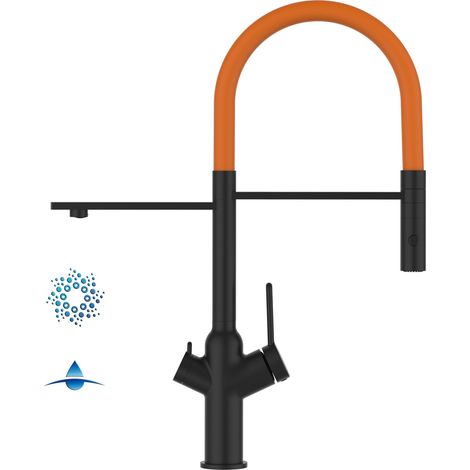 Rubinetto 4 vie miscelatore cucina Nero Opaco con canale separato per acqua filtrata, canna arancione movibile e doccia due getti staccabile - serie BOD