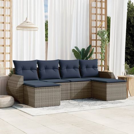 Salon de Jardin Modulaire 6 Pièces en Résine Tressée Grise avec Coussins Bleu Marine, 46.4kg - PANGIVO (1/5)