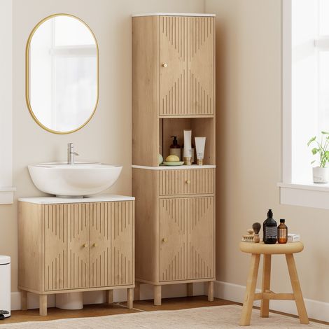 Armoire salle de bain haute meuble de rangement colonne avec tiroir coulissant silencieux 2 placards 41,5x30x168cm chêne