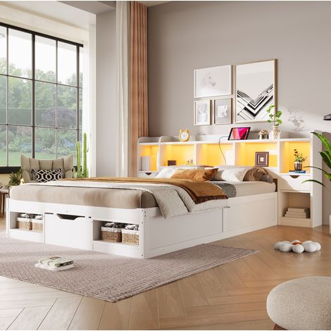 MODFU – Letto matrimoniale 140x200 cm in MDF/compensato con LED 7 colori, USB, 3 cassetti, 6 nicchie e carico 150 kg – Bianco (1/5)