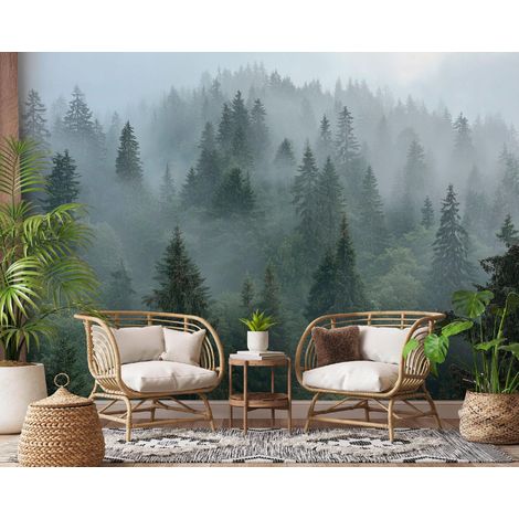 Fototapete Nebelwald Bäume Natur 3D-Optik, für Wohnzimmer und Schlafzimmer, 150 x 105 cm – Komplettset inkl. Kleister & Anleitung (1/5)
