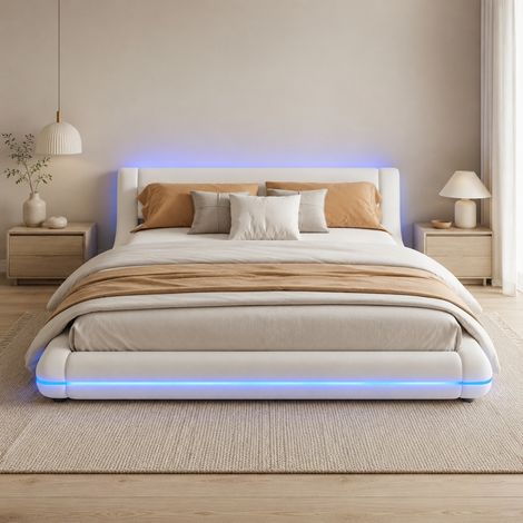 Bodenbett 160x200 cm weiß aus PU und MDF mit LED-Beleuchtung (1/5)
