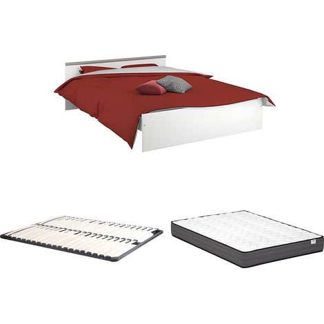 Lit avec rangements 140 x 190 cm - 2 tiroirs et 1 niche - Coloris : Blanc + Sommier + Matelas - PABLO (1/5)
