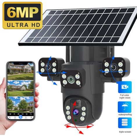 Caméra de Surveillance Solaire WiFi Noir, Trois Objectifs 6MP Ultra HD, Vision Triécran Simultanée, Panoramique 360°, Étanche Extérieur, Modèle Avion EXF QS12 B6T pour Maison Jardin (1/4)