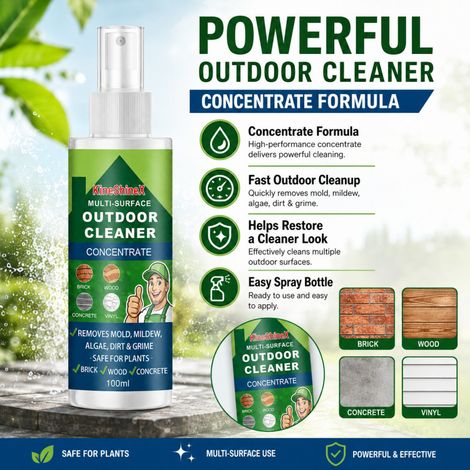 KineShineX Outdoor Multi-Surface Concentrated Cleaner ist ein leistungsstarker Reiniger, der Schimmel und Algen effektiv entfernt und sich für Ziegel-, Holz- und Zementoberflächen eignet. (1/4)