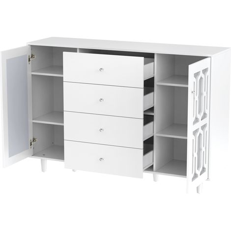 Aparador con 2 Puertas, 4 Cajones y Tiradores de Cristal, Acabado Espejo, en MDF, Blanco, 147,5×40×102 cm (1/5)