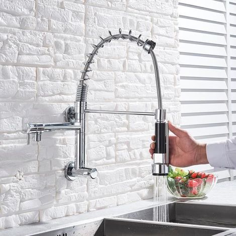 Grifo de cocina cromado, de pared, extraíble, con caño doble giratorio y acabado en latón pulido. (1/4)