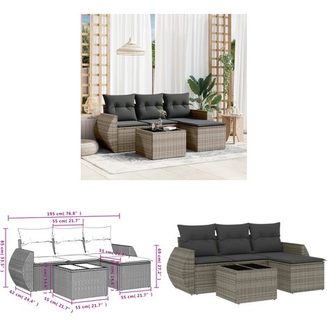 5-tlg. Garten-Sofagarnitur mit Kissen Grau Poly Rattan - Gartenmöbel Set - PE-Rattan Möbel - Outdoor Lounge - Gartenlounge - Esstischset - Home & Living
