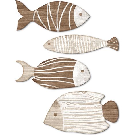 Ensemble de 4 décorations murales en bois sur le thème des poissons, style côtier. Décoration nautique à suspendre pour salle de bain, maison au bord d'un lac, maison de plage, chambre à coucher. Pein
