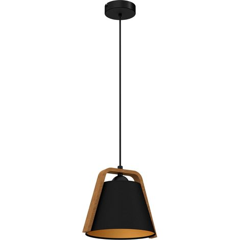 Suspension noire mate abat-jour conique bois Norko E27