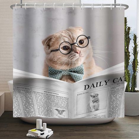 Rideau de douche 180x180cm « Le chat lit » : dessin humoristique et mignon d'un chat lisant. Idéal pour la salle de bain, les amoureux des animaux et la baignoire. (1/5)