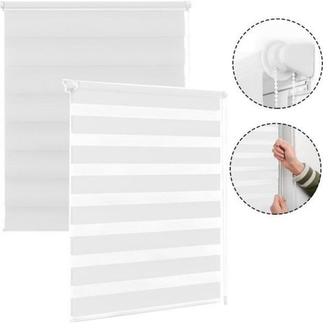 Store zébré à tirage latéral 70 x 120 cm avec pince, double store enrouleur sans perçage, translucide et ombrage, blanc (1/4)
