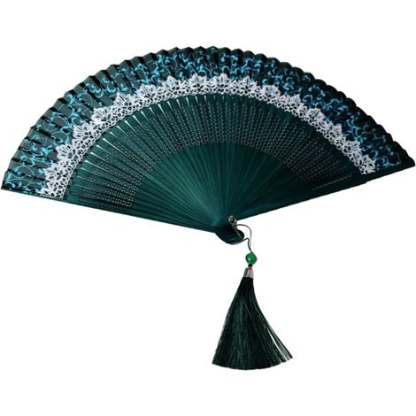 Wear-resistant folding hand fan, green Chinese style plastic with openwork silk design, for dance and costume (1/5)
