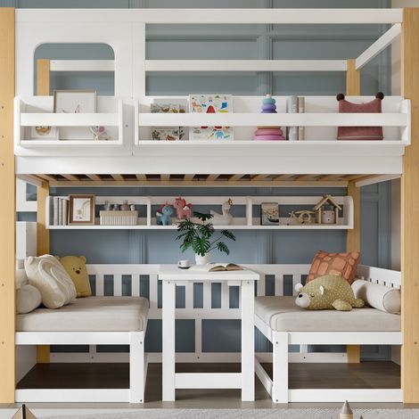 Lit superposé pour enfant, table multifonction réglable en hauteur, petite bibliothèque au bord du lit, escalier de rangement stable, pin + MDF + contreplaqué, blanc + naturel, 90x200cm (1/5)