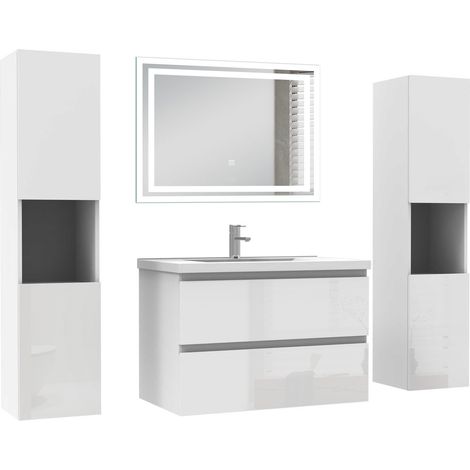 Ocean Ensemble de Meuble salle de bain 79cm avec 2 Tiroirs, miroir led + 2 colonnes 131.5cm, meuble Blanc Haut Brillant