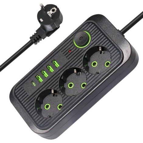 Multiprises 3 Prises, Multiprise avec Interrupteur, 4 Port USB A et 1 Port USB C, Bloc Multiprise Parafoudre et Surtension, Câble 2M, 10A 2500W, pour Maison, Bureau (Noir) (1/5)