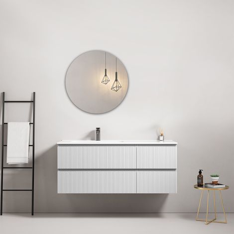 Mobile bagno sospeso cannettato 120 cm Bianco Lavabo a Sinistra in Ceramica Specchio Tondo - Fiji Paint (1/4)