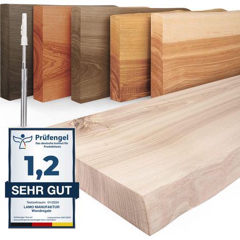 LAMO Manufaktur Étagère murale en bois massif, bord irrégulier, étagère flottante montage INVISIBLE Brut 140cm, LW-01-A-001-140W