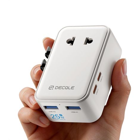 Adaptateur Prise Universelle avec 2 USB-C(PD 25W) & 2 USB-A Mince Adaptateur Voyage International, PAS un Convertisseur de Tension, Pour USA, UK, EU, AU & 200+ Pays (Blanc) (1/5)