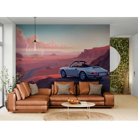 Papier peint Vintage – voiture blanche au coucher du soleil - 150 x 250 cm (1/2)