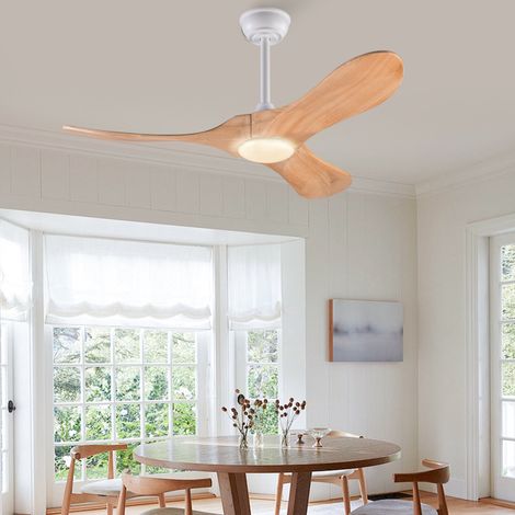 Ventilador de techo con luz, 42 pulgadas, mando a distancia, 6 velocidades, motor reversible, madera maciza natural y blanco (1/5)