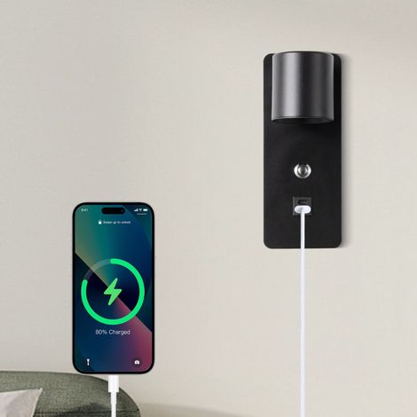 10 W Applique murale LED orientable  noir avec teinte réglable (3000K/4000K/6000K), interrupteur, port de charge USB type C et A