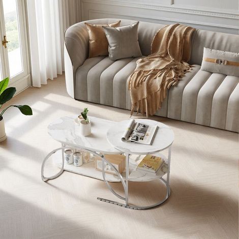 Couchtisch, mit silbernen Beinen und weißer Platte, Marmortisch, moderner Couchtisch, Set von 2