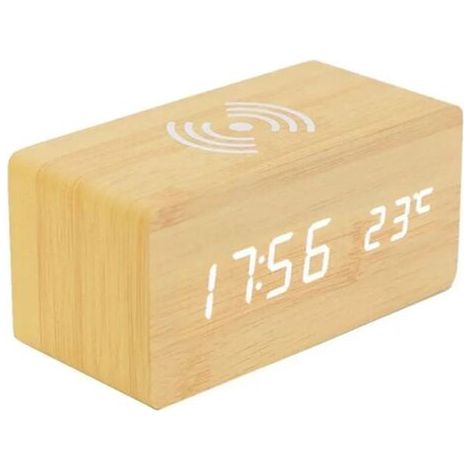 Thermomètre Numérique Réveil Réveil Numérique Bois Réveil À Bois LED Digital avec Chargeur sans Fil, Réveil en Bois avec Chargeur À Induction Chargeur sans Fil pour Chambre/Bureau