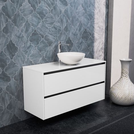 Inda - Badezimmerschrank 2 Schubladen B.120 mit Aufsatzwaschbecken / Weiß glänzend - Smeraldo (1/5)