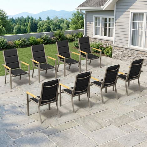 lot de 8 Chaise de Jardin Empilable, Fauteuil en Aluminium avec Accoudoirs Imitation Bois, Tissu Textilène et éponge à Séchage Rapide, Dossier Surélevé, Respirante et Confortable, Marron (1/5)