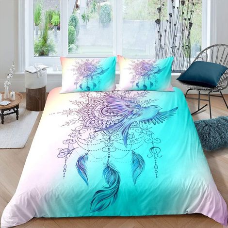 Attrapeur de rêves Ensemble de literie 240x260cm Boho Dreamcatcher Ensemble de lit pour Enfants bohème Hippie Plume Oiseau Housse de Couette Ensemble Exotique Tribal Bleu Vert - 240x260cm (1/5)