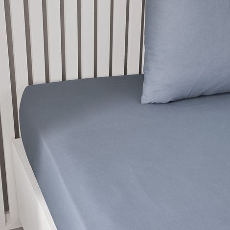 Drap housse en coton pour lit double "Essential" à grands bonnets - Bleu denim - 140 x 200 cm - Livraison gratuite (1/3)