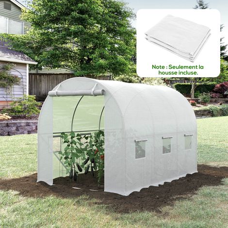 Bâche de Rechange Serre Tunnel 6 m². bâche PE Anti-UV imperméable 6 fenêtres + Porte Enroulable zippée Blanc