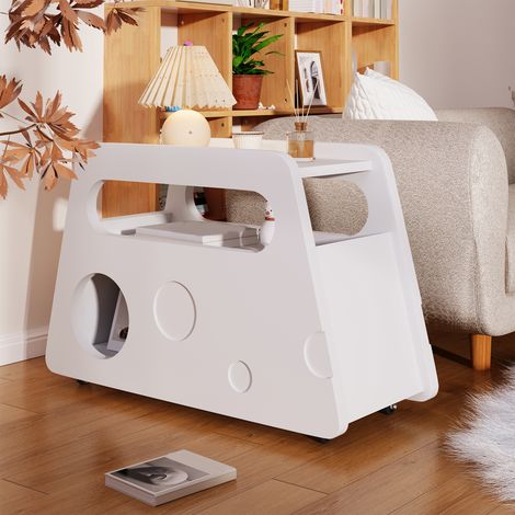 Buffet blanc moderne à roulettes, design arrondi sécurisé – Meuble d'appoint mobile et gain de place, parfait pour salon et chambre (81x33x51,5 cm) (1/5)