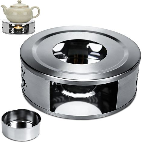 Réchaud en acier inoxydable - 15 cm - Argenté - Pour théière, réchaud à thé - Avec bougie chauffe-plat - Chauffe-théière - Chauffe-café pour conserver la chaleur du thé, du café, du lait (1/5)