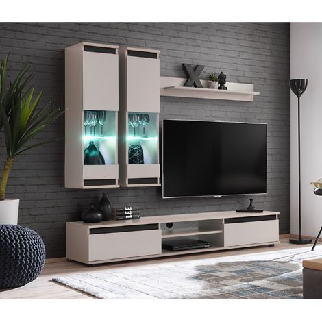 Ensemble TV mural moderne beige et noir avec vitrines OUDINI (1/3)