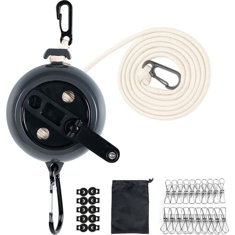 Tendedero retráctil para exteriores de 4 m, portátil, con 10 presillas de fijación, 20 pinzas y bolsa de almacenamiento, ideal para exteriores y acampadas (negro) (1/5)