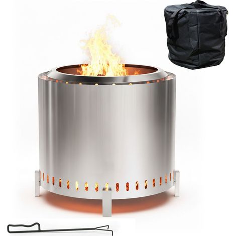 Relaxdays Feuerschale ohne Rauch, Edelstahl, HxD 45 x 49 cm, Standfuß & Aschebehälter, rauchfreie Feuerstelle, silber