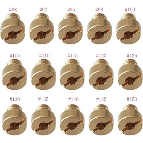 Kit de gicleurs principaux pour carburateur Mikuni VM22/24/26. Lot de 15, tailles 88-150 lbs. Pour motos cross, mini-motos et quads de 125 à 250 cm³. Optimisation des performances. (1/5)