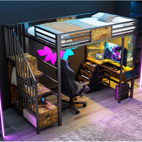 Lit mezzanine en métal 90 x 200 cm avec bureau, étagères, penderie, LED et prise OKWISH (1/5)