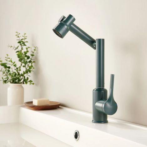 Stainless Steel Lucky Cat Hot and Cold Water Faucet for Home Bathroom, Mechanical Arm, Universal Rotating Faucet for Washbasins and Sinks - Green Model [Three Water Speeds]