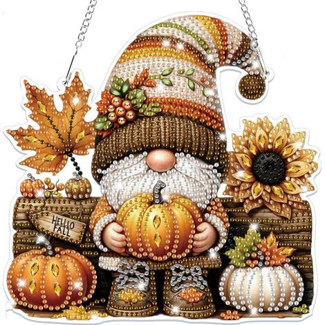 Pendentif peinture diamant 5D Gnome avec citrouille et tournesol, décoration de fenêtre d'automne